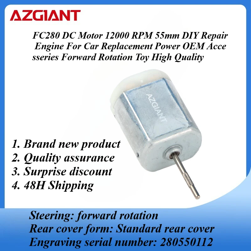 FC280 DC Motor 12000 RPM 55mm DIY Repair Engine For Car Replacement Power OEM Accesseries Forward Rotation Toy High Quality
FC280 DC Motor 12000 RPM 55mm DIY Repair Engine For Car Replacement Power OEM Accesseries Forward Rotation Toy High Quality