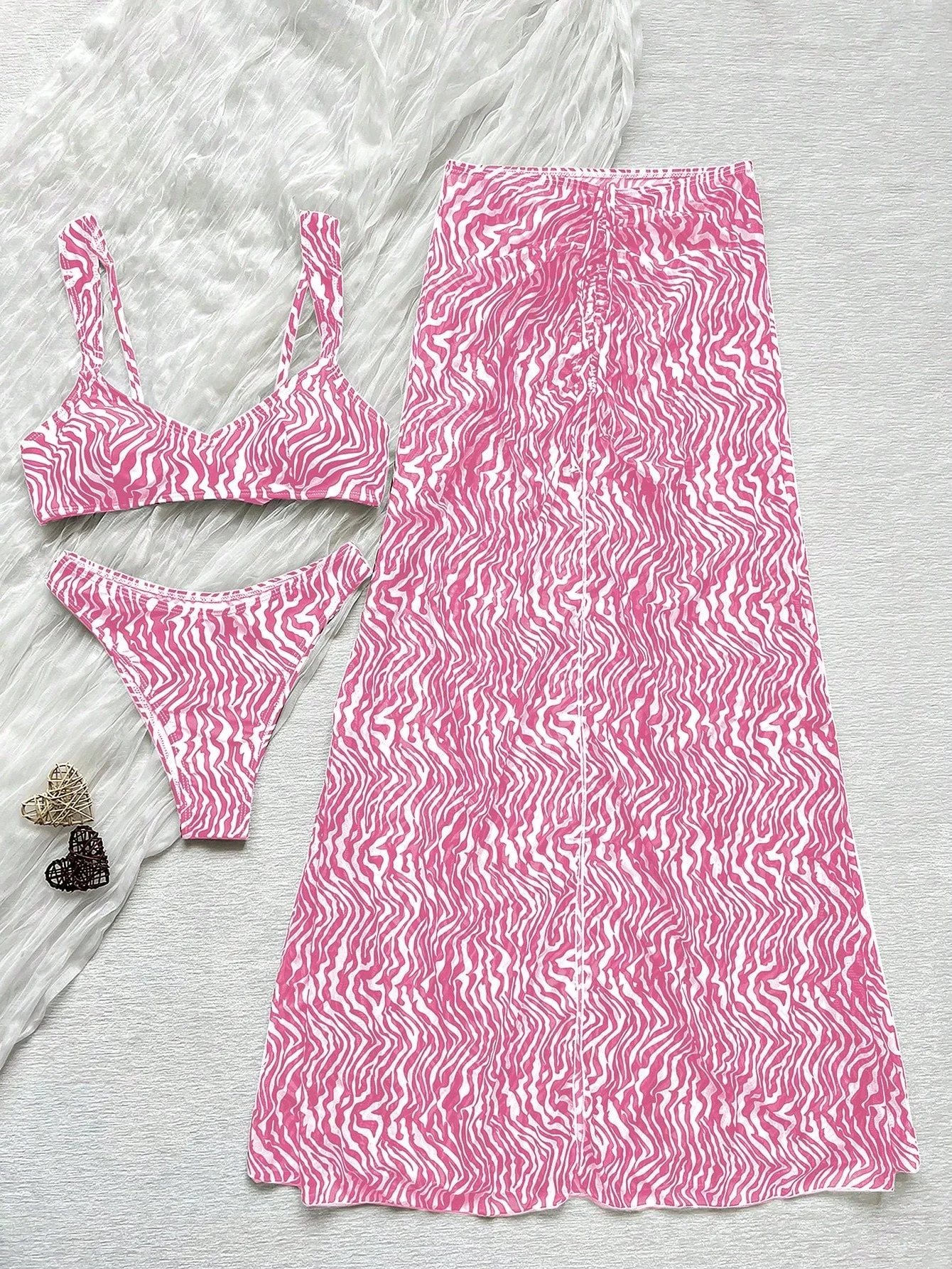 Pink Zebra Print Bikini Set With Drawstring Skirt For Beach Vacation
Pink Zebra Print Bikini Set With Drawstring Skirt For Beach Vacation