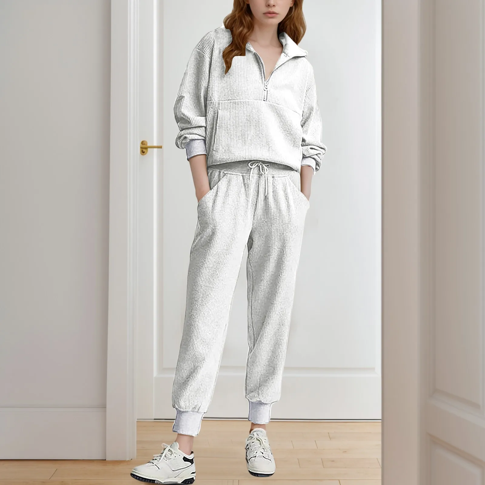 Women's Two Piece Sets Casual Solid Tracksuit 2024 New Long Sleeve Lapel Half Zipper Drawstring Pants Outfit Sweatpants Set
Women's Two Piece Sets Casual Solid Tracksuit 2024 New Long Sleeve Lapel Half Zipper Drawstring Pants Outfit Sweatpants Set