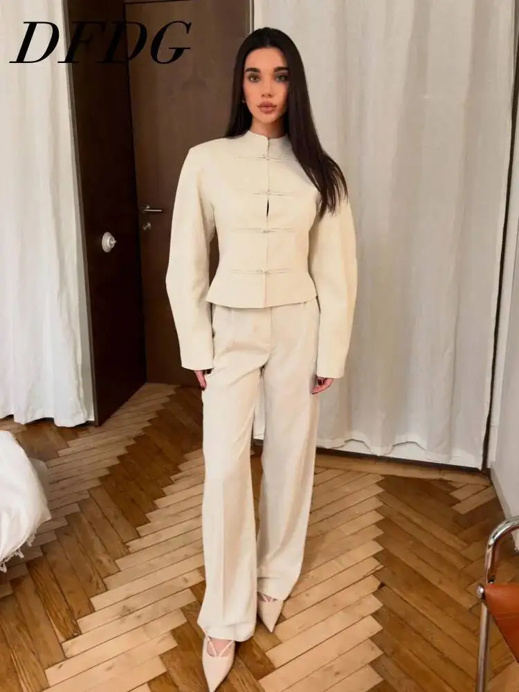 DFDG Women 2026 Spring Summer Chinese Style Frog Button Two Piece Stand Collar Slim Blouse High Waist Wide Leg Pants Casual Set
DFDG Women 2026 Spring Summer Chinese Style Frog Button Two Piece Stand Collar Slim Blouse High Waist Wide Leg Pants Casual Set