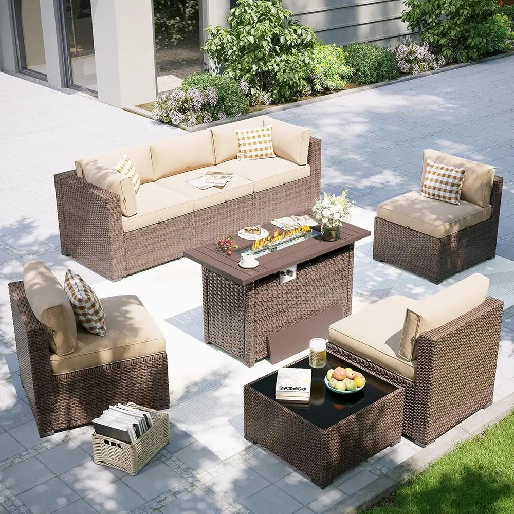 8-Piece Outdoor Sectional Sofa Set with Fire Pit Table, Brown Rattan Wicker Furniture with Plush Cushions for Patio, Garden
8-Piece Outdoor Sectional Sofa Set with Fire Pit Table, Brown Rattan Wicker Furniture with Plush Cushions for Patio, Garden