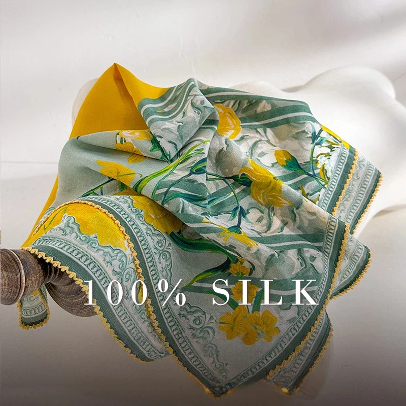 100% Silk Square Scarf for Women Summer Yellow Floral Print Silk Bandana with Lace Trim Neckerchief Summer Accessories
100% Silk Square Scarf for Women Summer Yellow Floral Print Silk Bandana with Lace Trim Neckerchief Summer Accessories