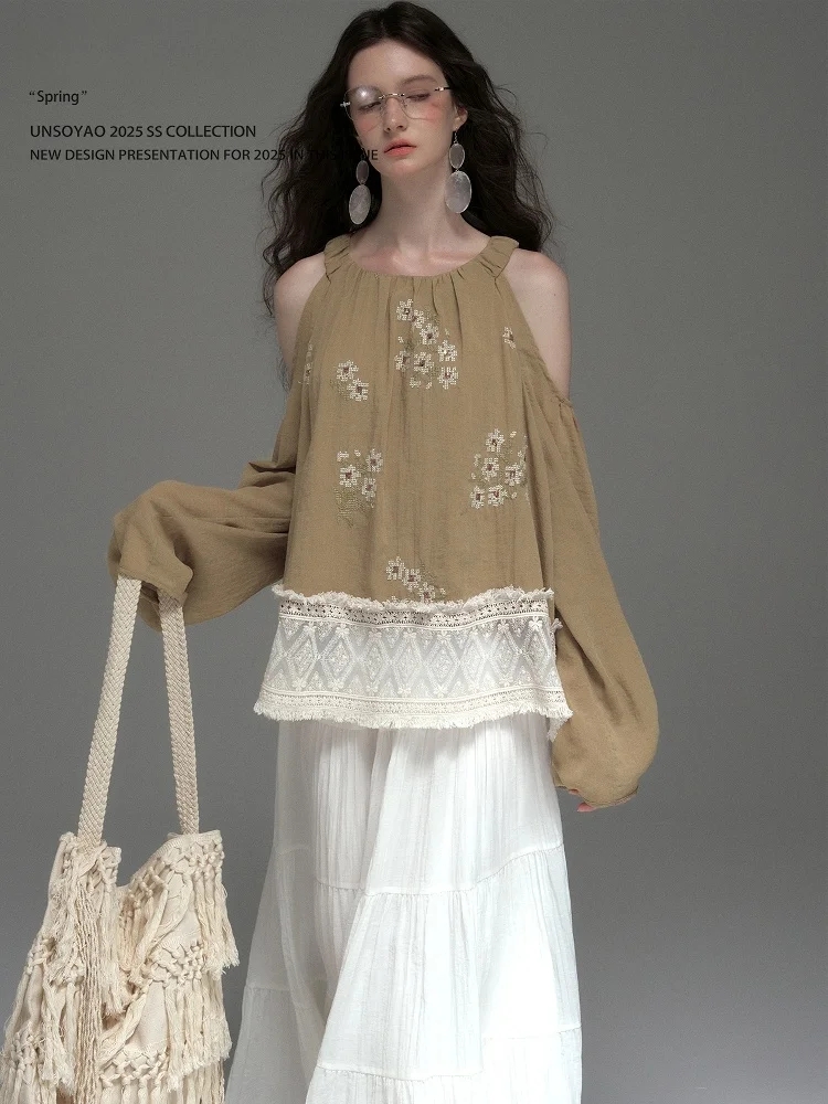 Artistic Vintage Embroidered Patchwork Shoulder Bared Shirt Top by Peony Residence Lightweight Loose Fit Long Sleeve round Neck
Artistic Vintage Embroidered Patchwork Shoulder Bared Shirt Top by Peony Residence Lightweight Loose Fit Long Sleeve round Neck