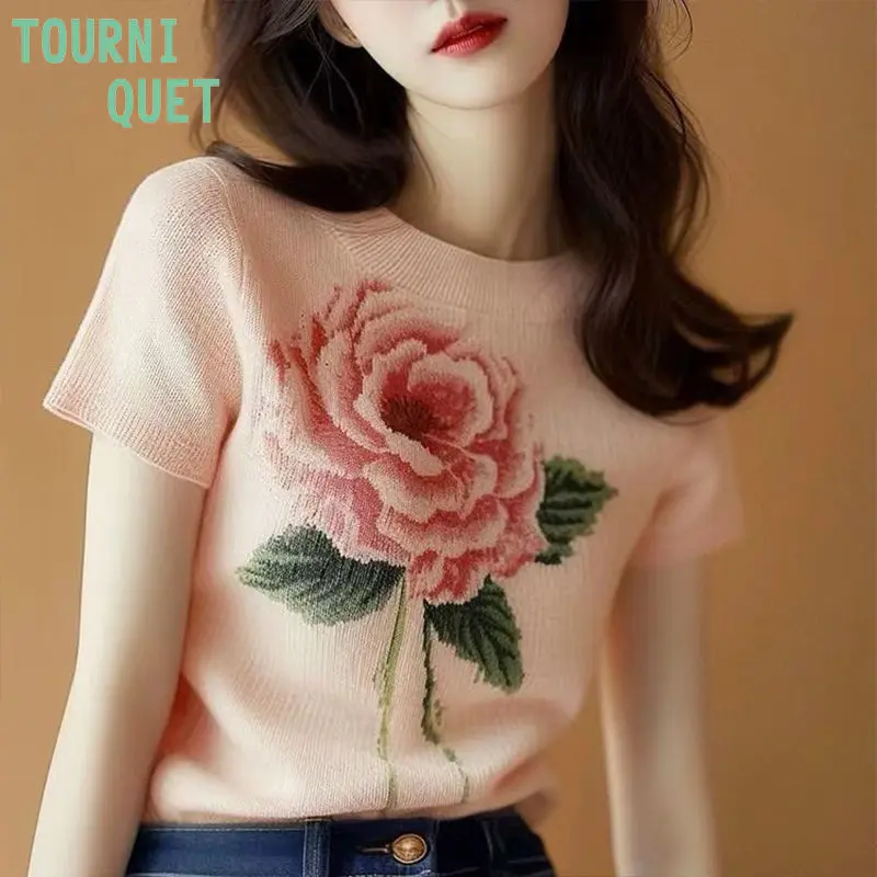2024 Hot Pink Rose Floral Knit Tee Women's Summer Short Sleeve Slim Fit Printed Top Trendy Y2K Design Blouse High Quality New
2024 Hot Pink Rose Floral Knit Tee Women's Summer Short Sleeve Slim Fit Printed Top Trendy Y2K Design Blouse High Quality New