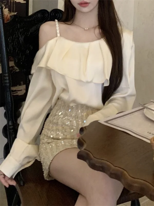 Elegant Long Sleeve Satin Shirt Women's Irregular Hem Single Shoulder Strap Shirt Stylish Beautiful Small Top Commute Style
Elegant Long Sleeve Satin Shirt Women's Irregular Hem Single Shoulder Strap Shirt Stylish Beautiful Small Top Commute Style