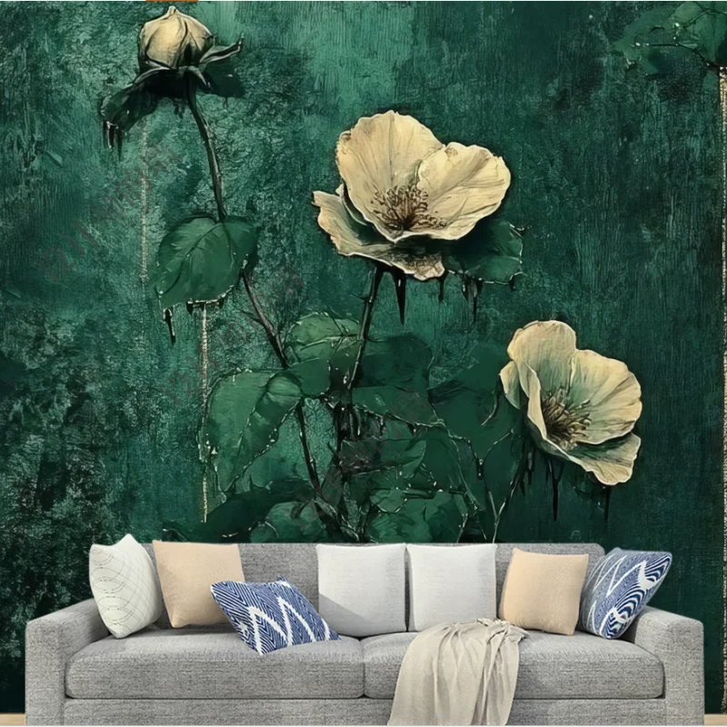 Custom Vintage green background floral mural oil painting French retro hand-painted texture light luxury living room wallpaper
Custom Vintage green background floral mural oil painting French retro hand-painted texture light luxury living room wallpaper