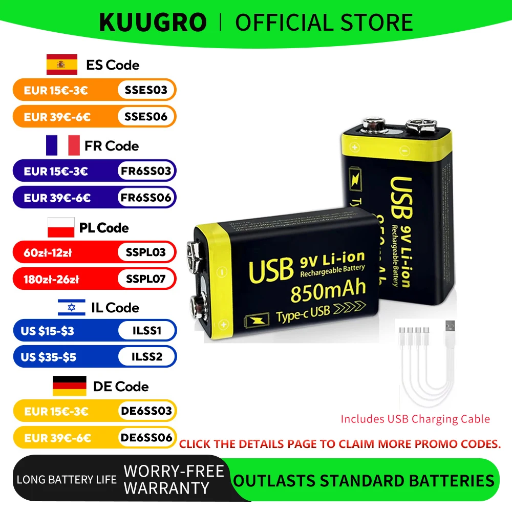 Kuugro USB 9V Rechargeable Battery 850mAh Type-C Rechargeable 6F22 9V Li-ion Battery for RC Helicopeter Model Multimeter Toy
Kuugro USB 9V Rechargeable Battery 850mAh Type-C Rechargeable 6F22 9V Li-ion Battery for RC Helicopeter Model Multimeter Toy
