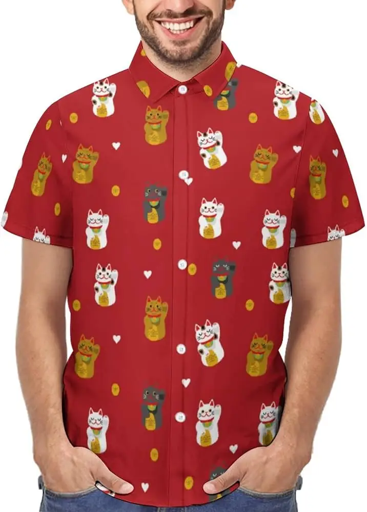 Men's Beckoning Cat & Floral Print Short Sleeve Shirt - Vibrant Red Hawaiian Style Summer Shirt,
Men's Beckoning Cat & Floral Print Short Sleeve Shirt - Vibrant Red Hawaiian Style Summer Shirt,