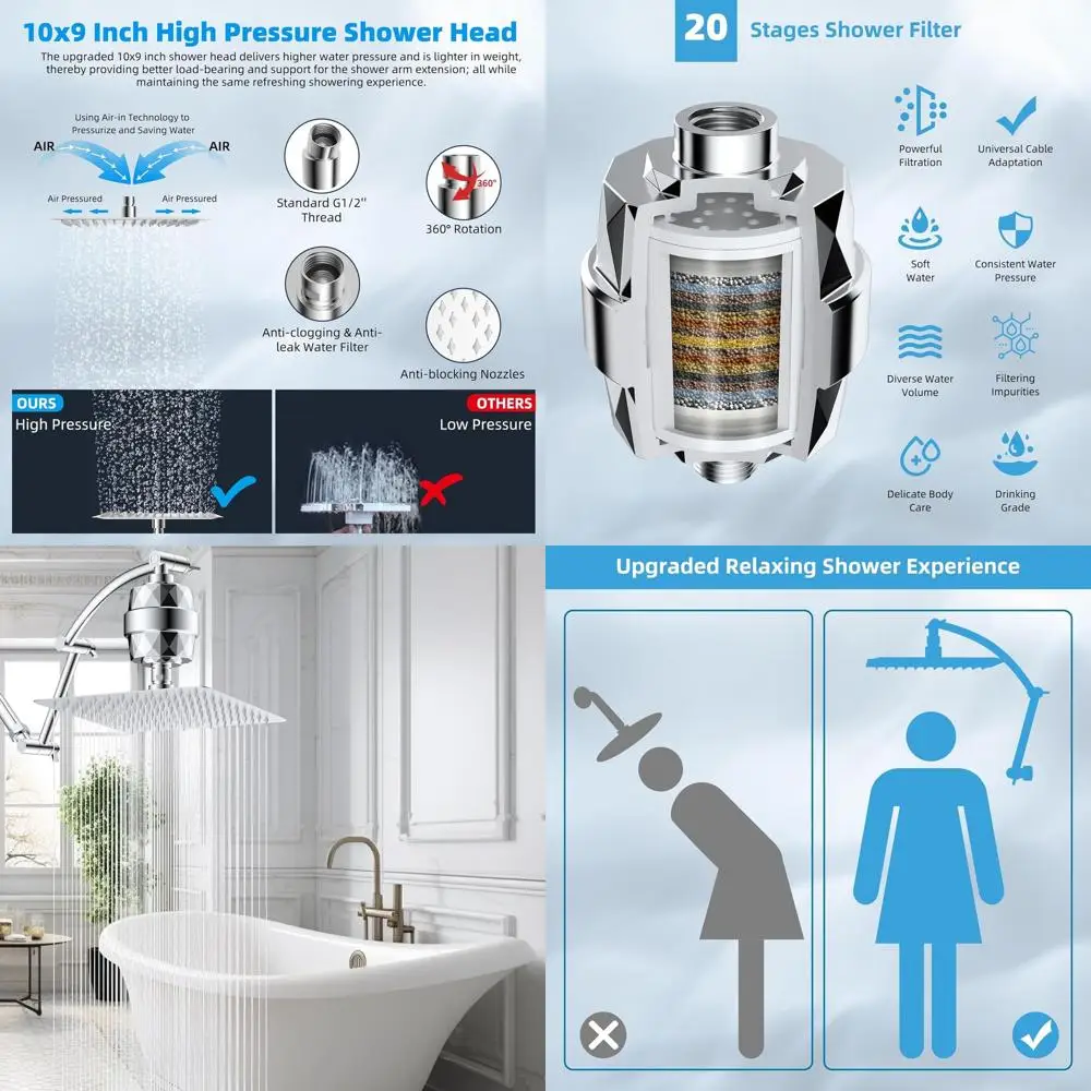 10 Pure Rain Showerhead with 16 Extension Arm and 20-Stage Filter, Solid Brass Extender in Chrome
10 Pure Rain Showerhead with 16 Extension Arm and 20-Stage Filter, Solid Brass Extender in Chrome