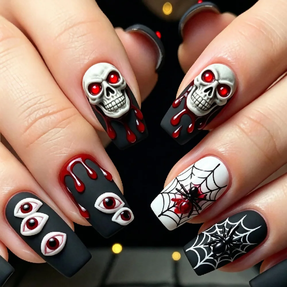 Halloween False Nails Ghost Print Halloween nails Black matte skull print design full coverage press on false nails Wearable
Halloween False Nails Ghost Print Halloween nails Black matte skull print design full coverage press on false nails Wearable