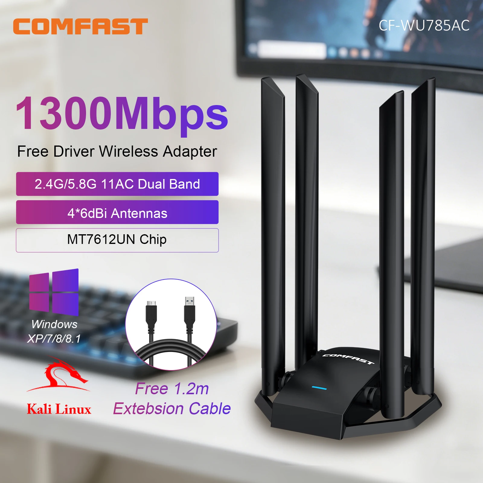 COMFAST 1300 Мбит/с USB3.0 WiFi-адаптер MT7612U 2,4G и 5 ГГц Сетевая карта 2*6dBi Антенна Адаптер Wi-Fi 1,2M Кабель Kali Linux Windows
COMFAST 1300 Мбит/с USB3.0 WiFi-адаптер MT7612U 2,4G и 5 ГГц Сетевая карта 2*6dBi Антенна Адаптер Wi-Fi 1,2M Кабель Kali Linux Windows