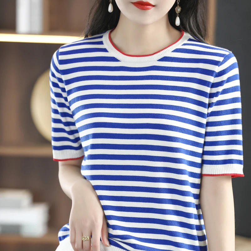 Women's T-shirt Spring/Summer 100% Cotton Sweater Short Sleeve Striped Round Neck Ladies Tops Loose Blouse Fashion Pullover Tees
Women's T-shirt Spring/Summer 100% Cotton Sweater Short Sleeve Striped Round Neck Ladies Tops Loose Blouse Fashion Pullover Tees