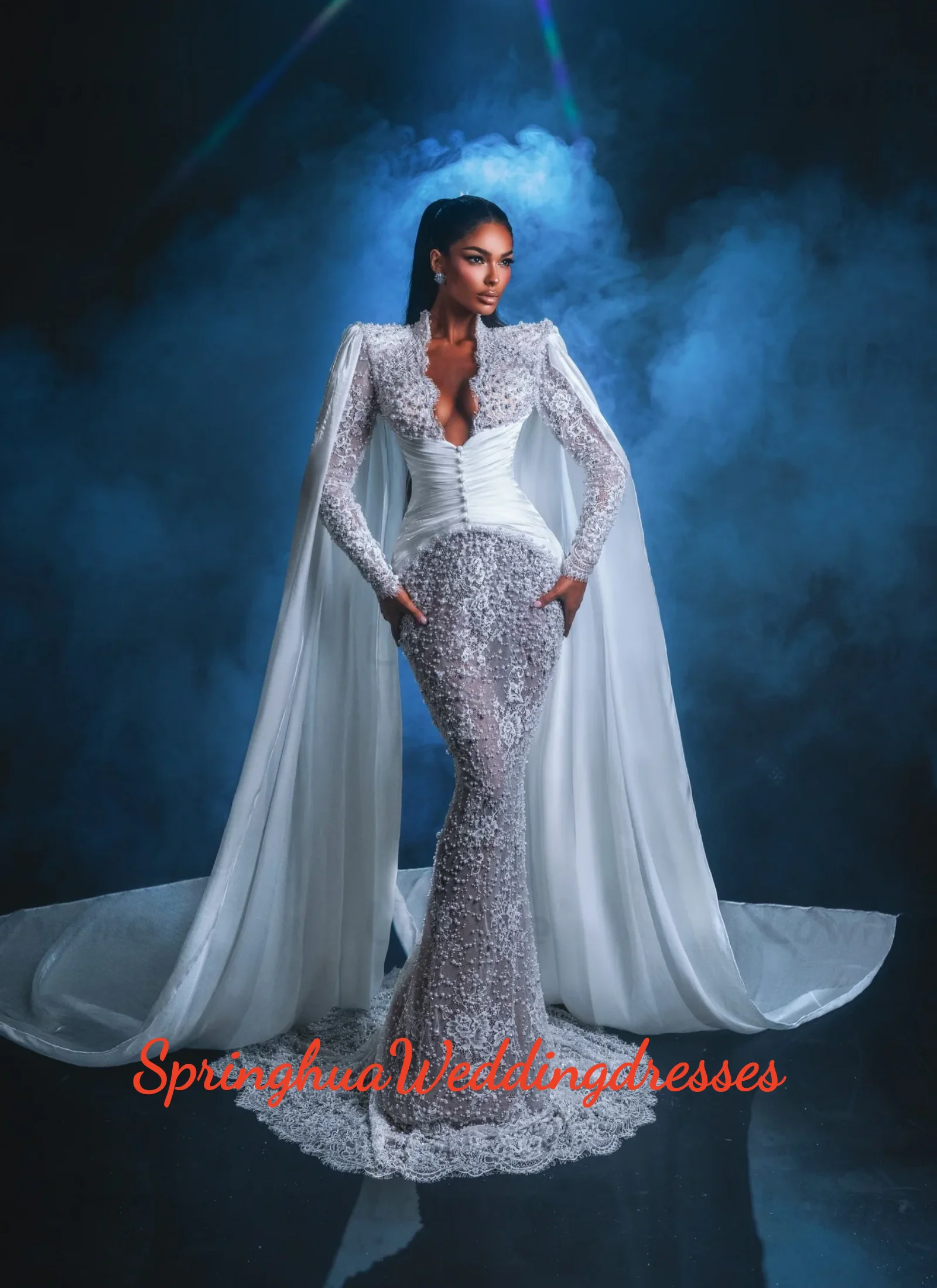 Customized New White Glamorous Pearls Lace Wedding Dress Dreamy Cape Sleeve Mermaid Bridal Gown Dazzling Long Dresses For Bride
Customized New White Glamorous Pearls Lace Wedding Dress Dreamy Cape Sleeve Mermaid Bridal Gown Dazzling Long Dresses For Bride