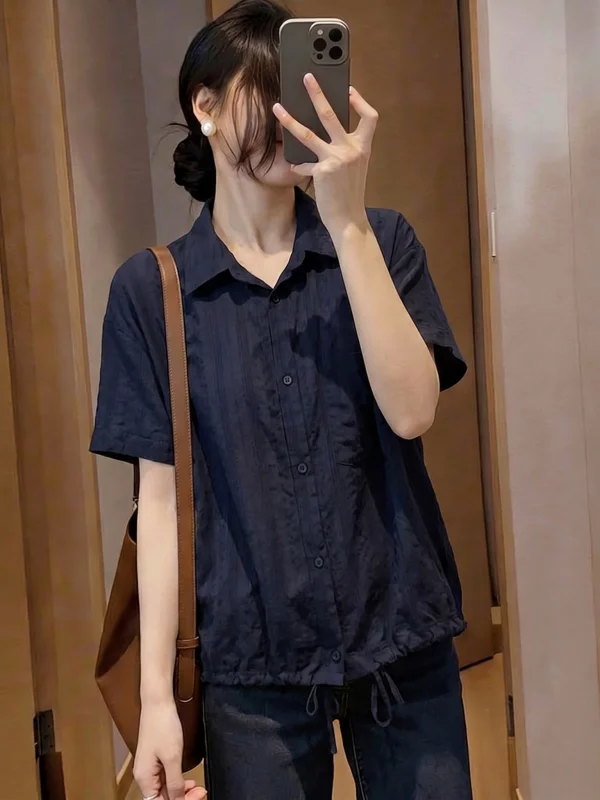 Elegant Dark Blue Women's Short Sleeve Shirt Drawstring Hem Loose Fit Commute Style Korean Fashion Summer New Arrival
Elegant Dark Blue Women's Short Sleeve Shirt Drawstring Hem Loose Fit Commute Style Korean Fashion Summer New Arrival