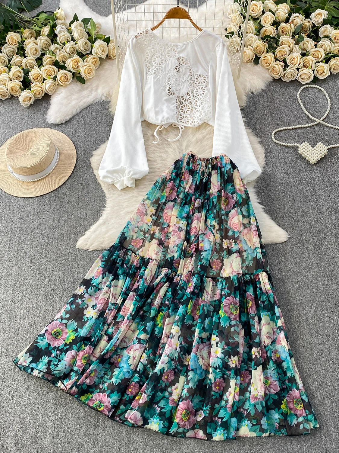 Vacation Style Lace Hollow out Print Long Sleeve Top And Skirt Set Sexy Two-Way Wear High Waist A-Line Dress for Spring Summer
Vacation Style Lace Hollow out Print Long Sleeve Top And Skirt Set Sexy Two-Way Wear High Waist A-Line Dress for Spring Summer