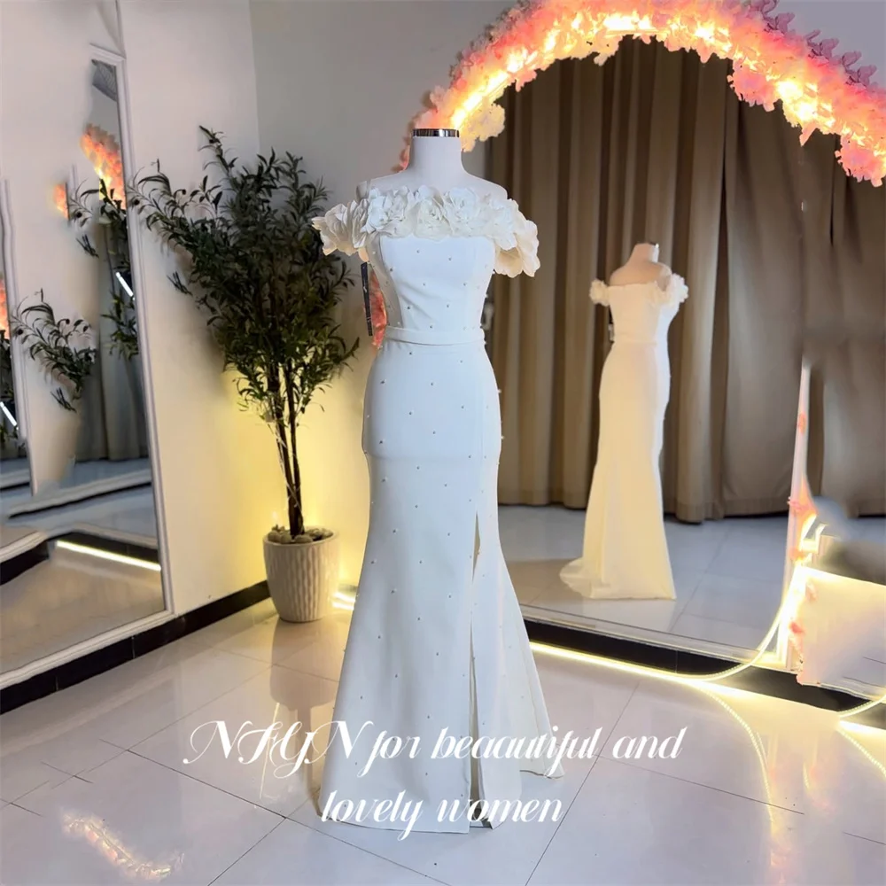 NFYN White Satin 프롬 드레 Off the Shoulder Prom Gown Pearls Wedding Party Dresses with Floral for Formal Events Customized
NFYN White Satin 프롬 드레 Off the Shoulder Prom Gown Pearls Wedding Party Dresses with Floral for Formal Events Customized