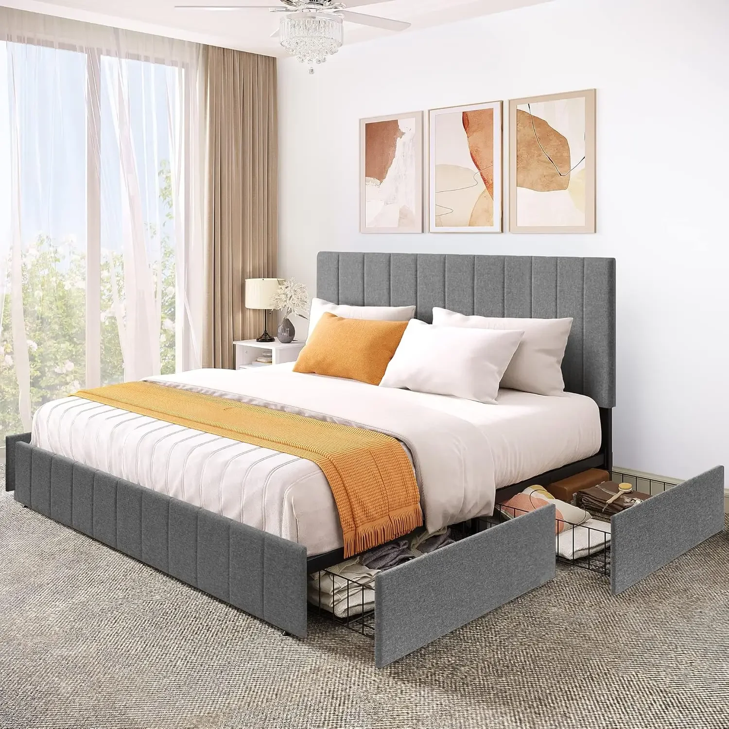 King Size Bed Frame, 4 Storage Drawers, Adjustable Headboard Platform Bed Mattress Foundation with Sturdy Wood Slat Support
King Size Bed Frame, 4 Storage Drawers, Adjustable Headboard Platform Bed Mattress Foundation with Sturdy Wood Slat Support