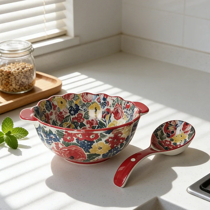 Ceramics Soup Bowl Delicate Cookware Double Handle Large Capacity Bowl With Spoon Underglaze Color Home Utensils For Kitchen
Ceramics Soup Bowl Delicate Cookware Double Handle Large Capacity Bowl With Spoon Underglaze Color Home Utensils For Kitchen