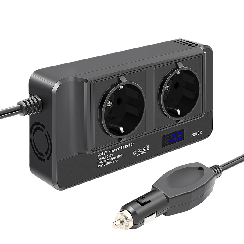 200W Car Inverter, Voltage Converter 12V To 220V With Smart Time Display LCD, 2 Sockets And 4 USB Car Chargers (EU Plug)
200W Car Inverter, Voltage Converter 12V To 220V With Smart Time Display LCD, 2 Sockets And 4 USB Car Chargers (EU Plug)