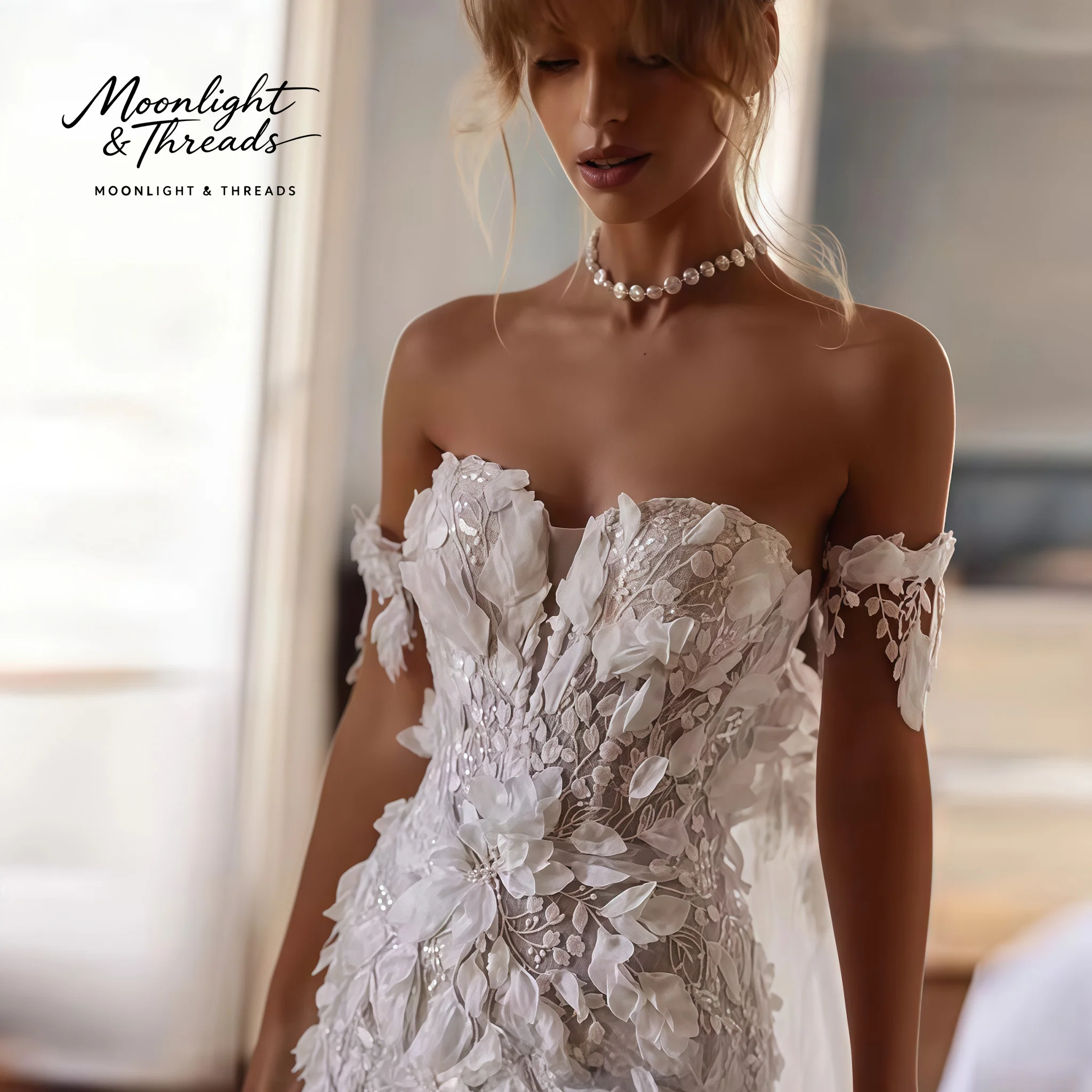 White strapless sleeveless floor-length formal wedding gown with appliqué detailing and an open back
White strapless sleeveless floor-length formal wedding gown with appliqué detailing and an open back