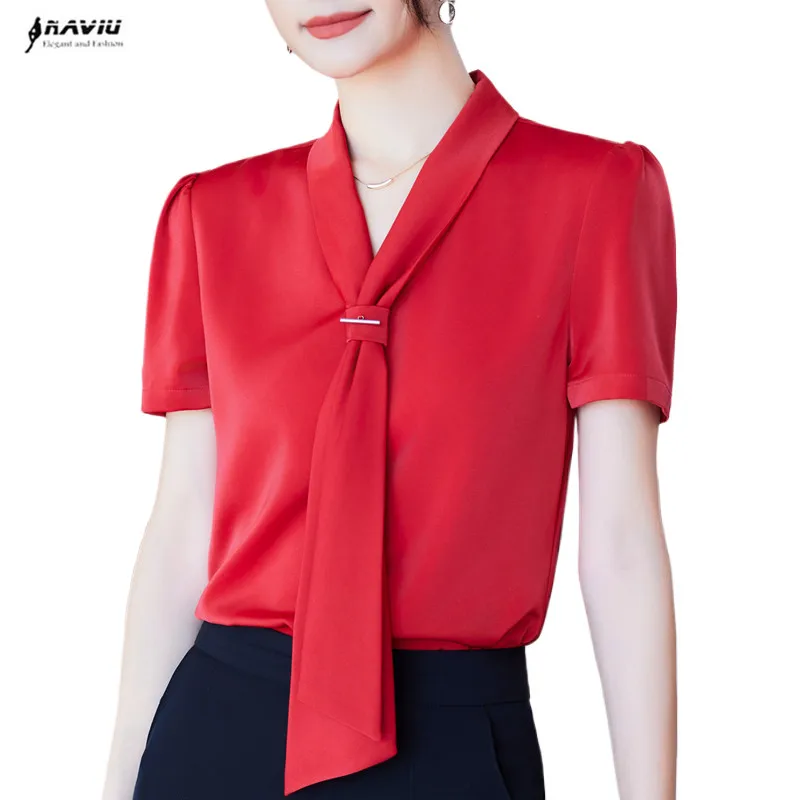 NAVIU Red Shirt For Women New Summer Elegant Ribbon Tie Short Sleeve Slim Blouses Office Ladies Work Tops White Blue
NAVIU Red Shirt For Women New Summer Elegant Ribbon Tie Short Sleeve Slim Blouses Office Ladies Work Tops White Blue