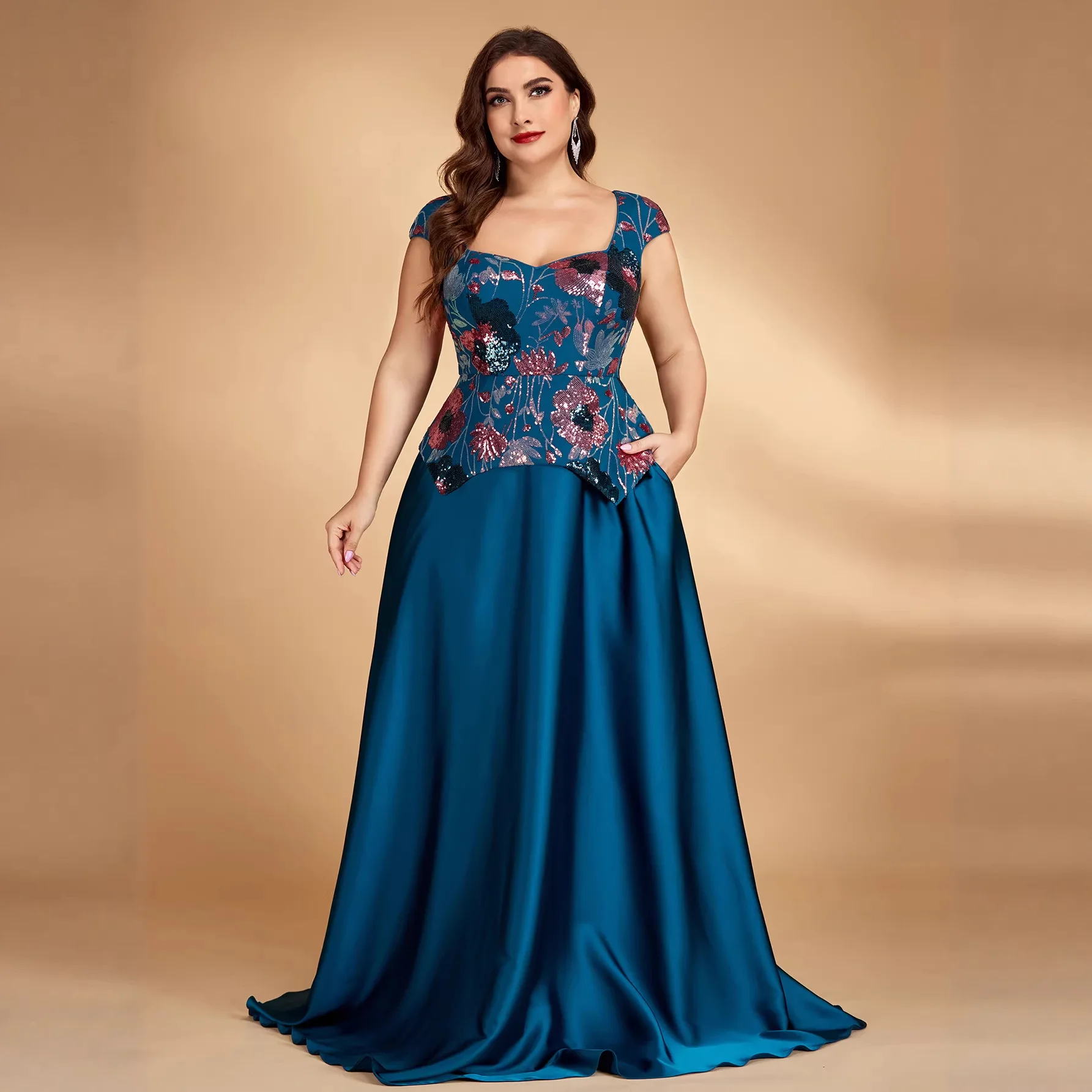Elegant Curvy Peacock Blue Gown Sweetheart Square Neck Cap Sleeve Colorful Floral Sequins Flared Satin Floor Banquet Dress
Elegant Curvy Peacock Blue Gown Sweetheart Square Neck Cap Sleeve Colorful Floral Sequins Flared Satin Floor Banquet Dress