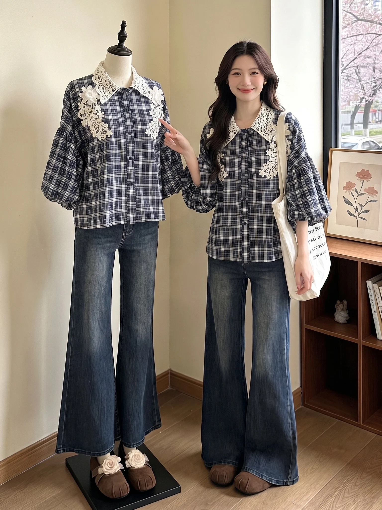 Blue Plaid Lace Hollow out Shoulder Women's Shirt Lantern Sleeve Top Korean Style Loose Fit Commute Fashion Summer New Arrival
Blue Plaid Lace Hollow out Shoulder Women's Shirt Lantern Sleeve Top Korean Style Loose Fit Commute Fashion Summer New Arrival