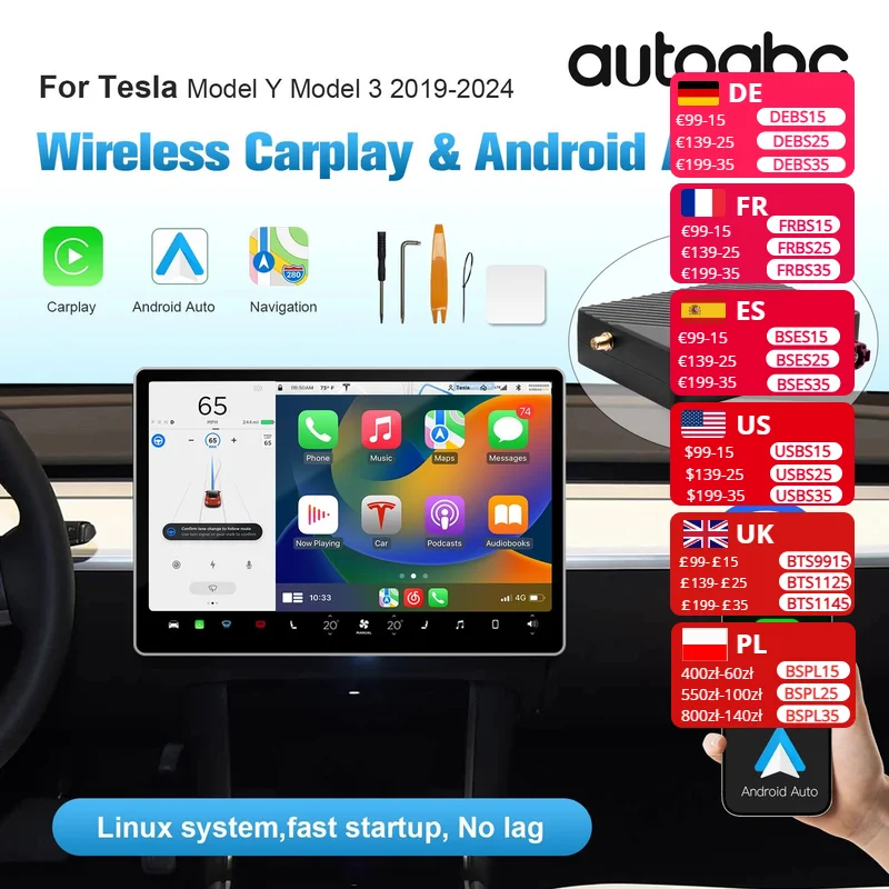 AUTOABC Wireless CarPlay Android Auto for Tesla Model 3 Model Y 2019-2024 support for aftermarket cameras
AUTOABC Wireless CarPlay Android Auto for Tesla Model 3 Model Y 2019-2024 support for aftermarket cameras