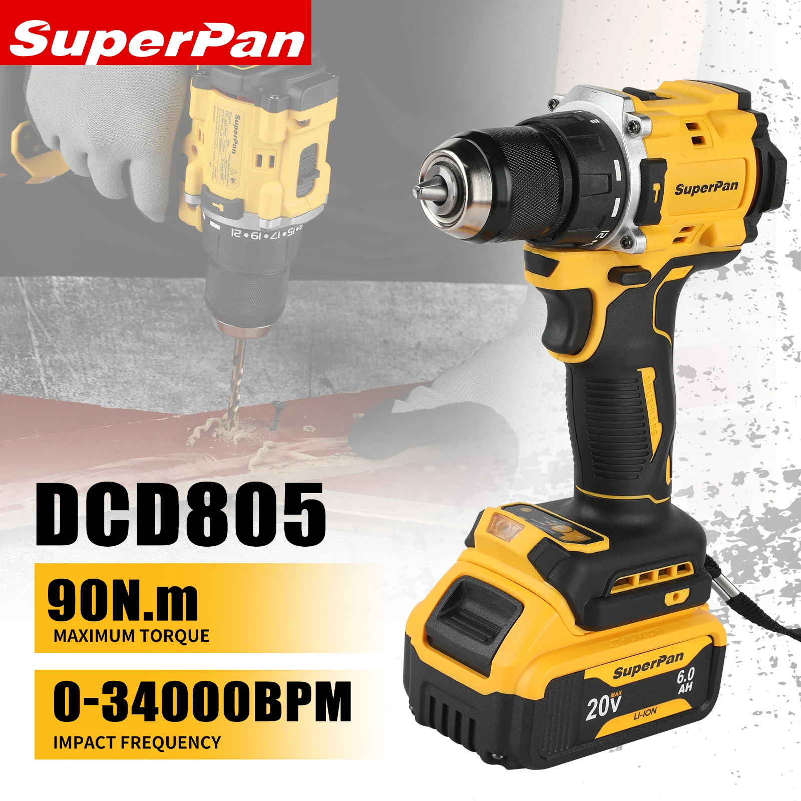 20V 6.0Ah Long Battery Life | SuperPan DCD805 Brushless Cordless Drill with Battery and Charger, 90N.m High Torque
20V 6.0Ah Long Battery Life | SuperPan DCD805 Brushless Cordless Drill with Battery and Charger, 90N.m High Torque