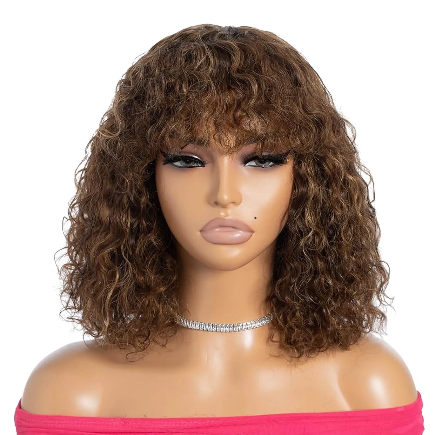 Modern 12" Highlight Brown Blonde Curly Bob Wig, Bangs, Glueless Brazilian Remy
Modern 12" Highlight Brown Blonde Curly Bob Wig, Bangs, Glueless Brazilian Remy