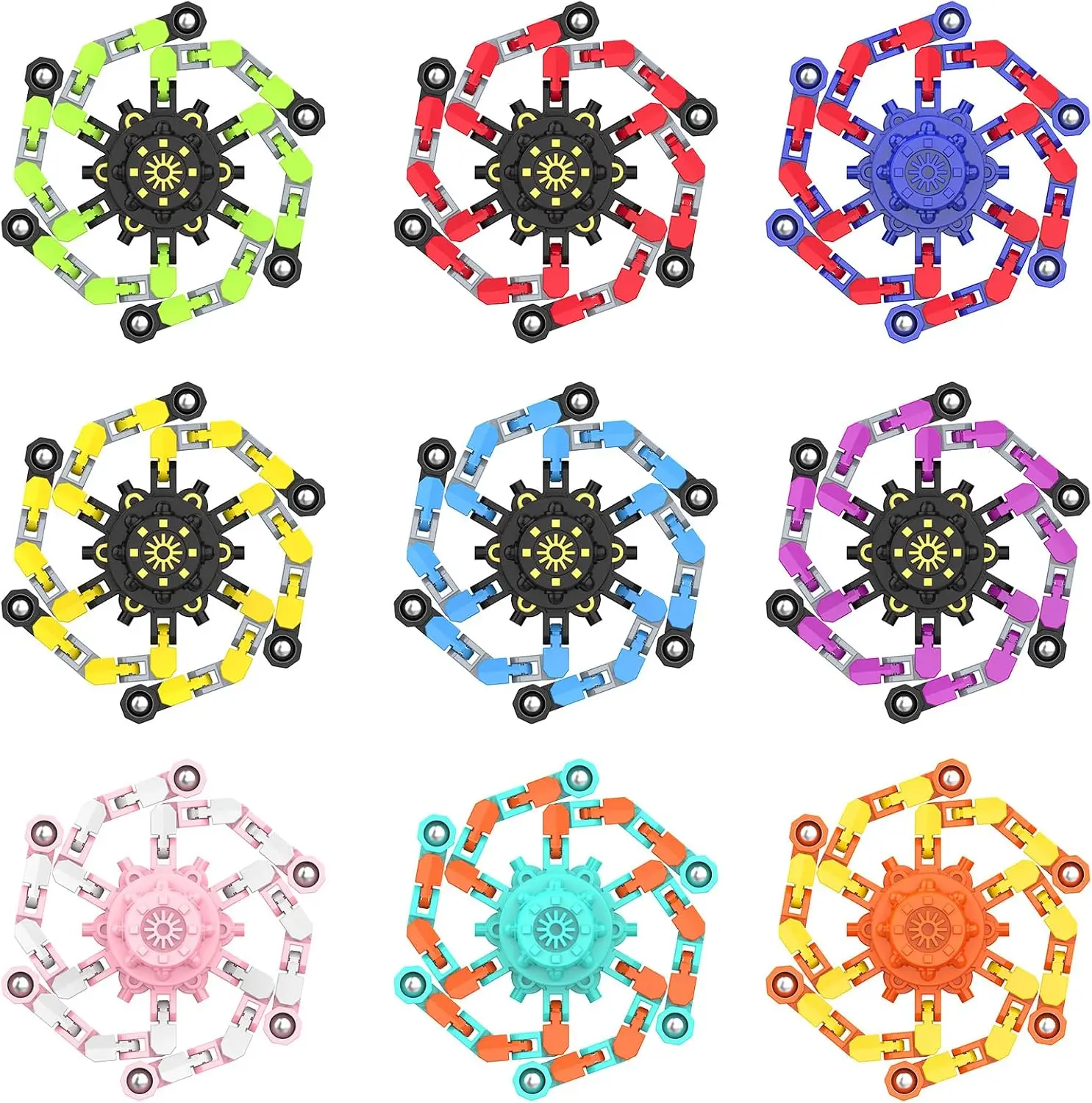 Transformable Fidget Spinners, Stress Relief Sensory Toys, Deformable Chain DIY Robot Fingertip Gyros, Party Favors for Kids (9PCS)
Transformable Fidget Spinners, Stress Relief Sensory Toys, Deformable Chain DIY Robot Fingertip Gyros, Party Favors for Kids (9PCS)