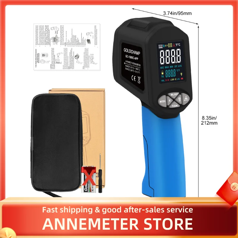 Bluetooth High-Temp Pyrometer HP-1580C-APP - IR Thermometer (-58°F to 2876°F), 30:1 Laser Gun with Flashlight & APP Data
Bluetooth High-Temp Pyrometer HP-1580C-APP - IR Thermometer (-58°F to 2876°F), 30:1 Laser Gun with Flashlight & APP Data