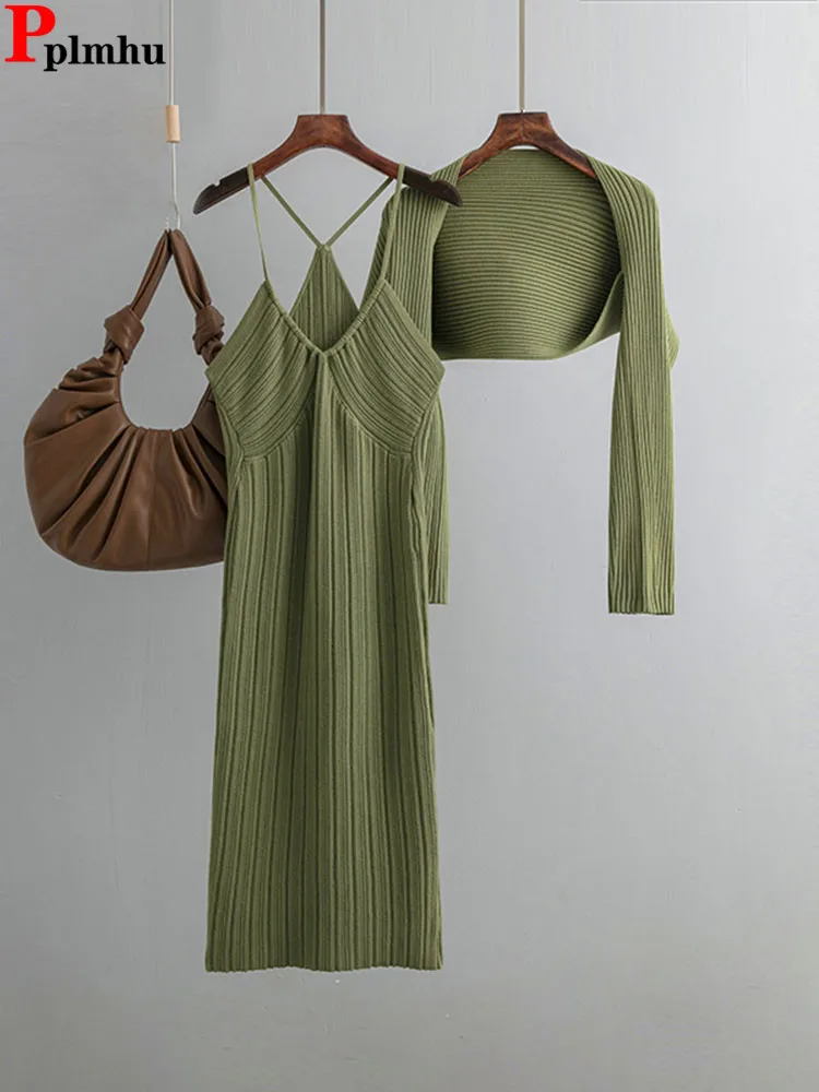 Spring Fall Knitted 2 Piece Sets Women Knitwears Sexy Sling Dress Conjuntos Korean Design Long Sleeve Cardigan Tops Outfit New
Spring Fall Knitted 2 Piece Sets Women Knitwears Sexy Sling Dress Conjuntos Korean Design Long Sleeve Cardigan Tops Outfit New
