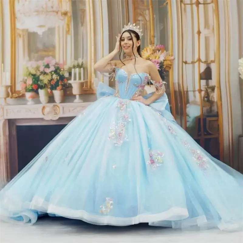 Customized Sky Blue Beads Tassel 15 Quinceanera Ball Gown Bow Off the Shoulder Flower Appliques Vestidos De Graduaction
Customized Sky Blue Beads Tassel 15 Quinceanera Ball Gown Bow Off the Shoulder Flower Appliques Vestidos De Graduaction