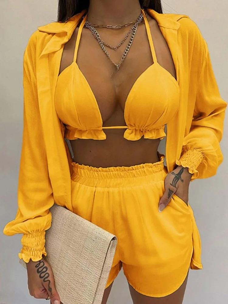 Womens 3 Piece Beach Outfits 2026 Fashion Summer Vacation Sexy Bikini Top and Long Sleeve Kimono Shirt with Shorts Matching Sets
Womens 3 Piece Beach Outfits 2026 Fashion Summer Vacation Sexy Bikini Top and Long Sleeve Kimono Shirt with Shorts Matching Sets