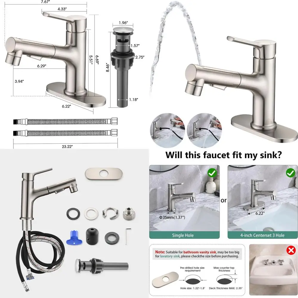 Modern Single Handle Bathroom Sink Faucet with Pull-Out Spray and Pop-Up Drain, Deck Plate, Brushed Nickel
Modern Single Handle Bathroom Sink Faucet with Pull-Out Spray and Pop-Up Drain, Deck Plate, Brushed Nickel
