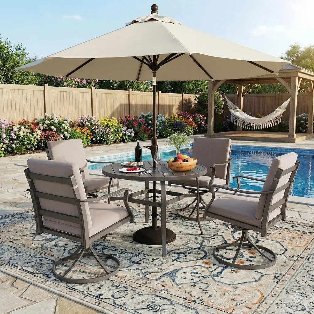 5-Piece Outdoor Patio Dining Set, 4 Swivel Chairs with Removable Cushions & Round Metal Table with Umbrella Hole, All-Weather ur
5-Piece Outdoor Patio Dining Set, 4 Swivel Chairs with Removable Cushions & Round Metal Table with Umbrella Hole, All-Weather ur