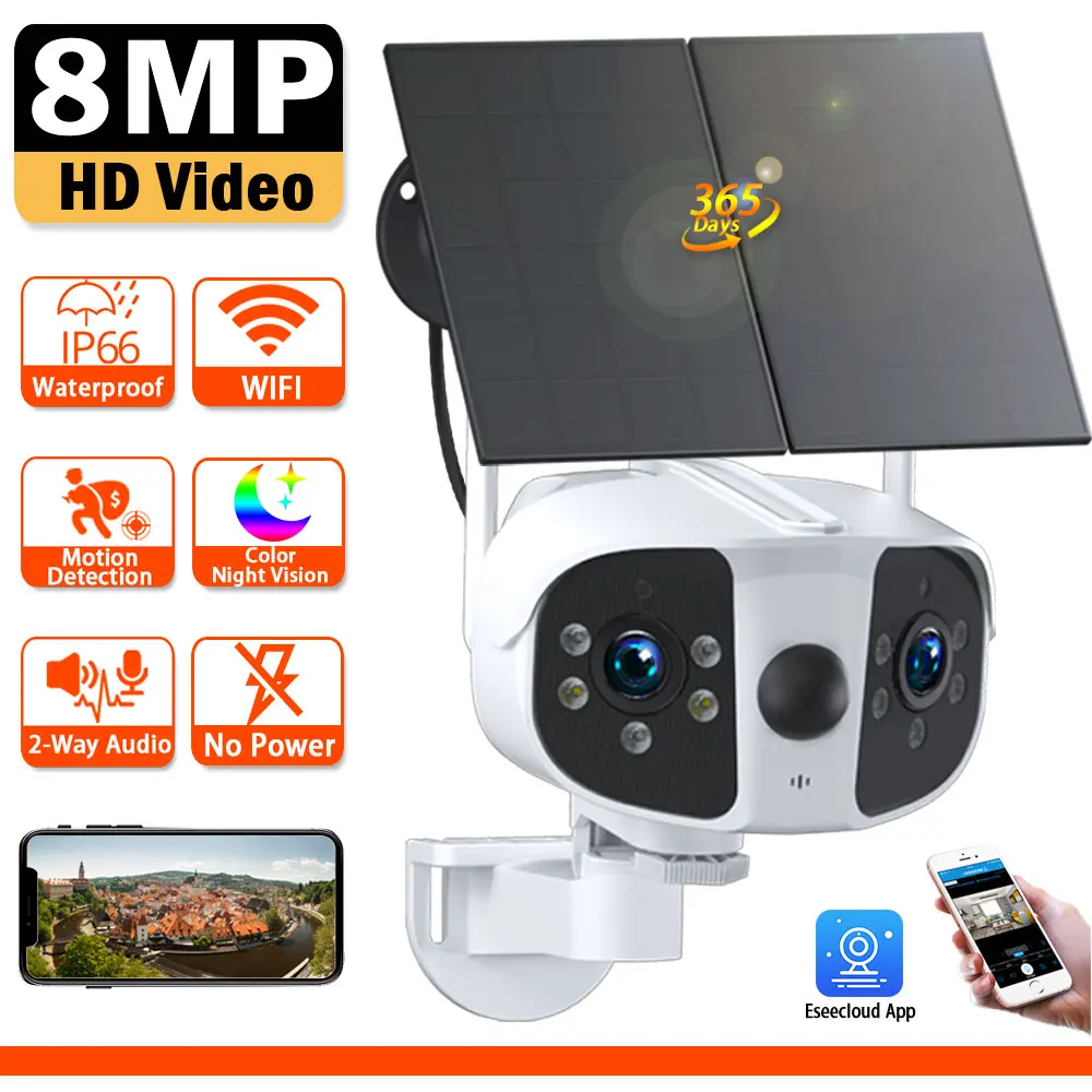 4K Outdoor WIFI Solar Camera With 2 Solar Panels 8MP Dual Lens Human Detect 180° Ultra Wide Angel Panoromic CCTV Security Camera
4K Outdoor WIFI Solar Camera With 2 Solar Panels 8MP Dual Lens Human Detect 180° Ultra Wide Angel Panoromic CCTV Security Camera