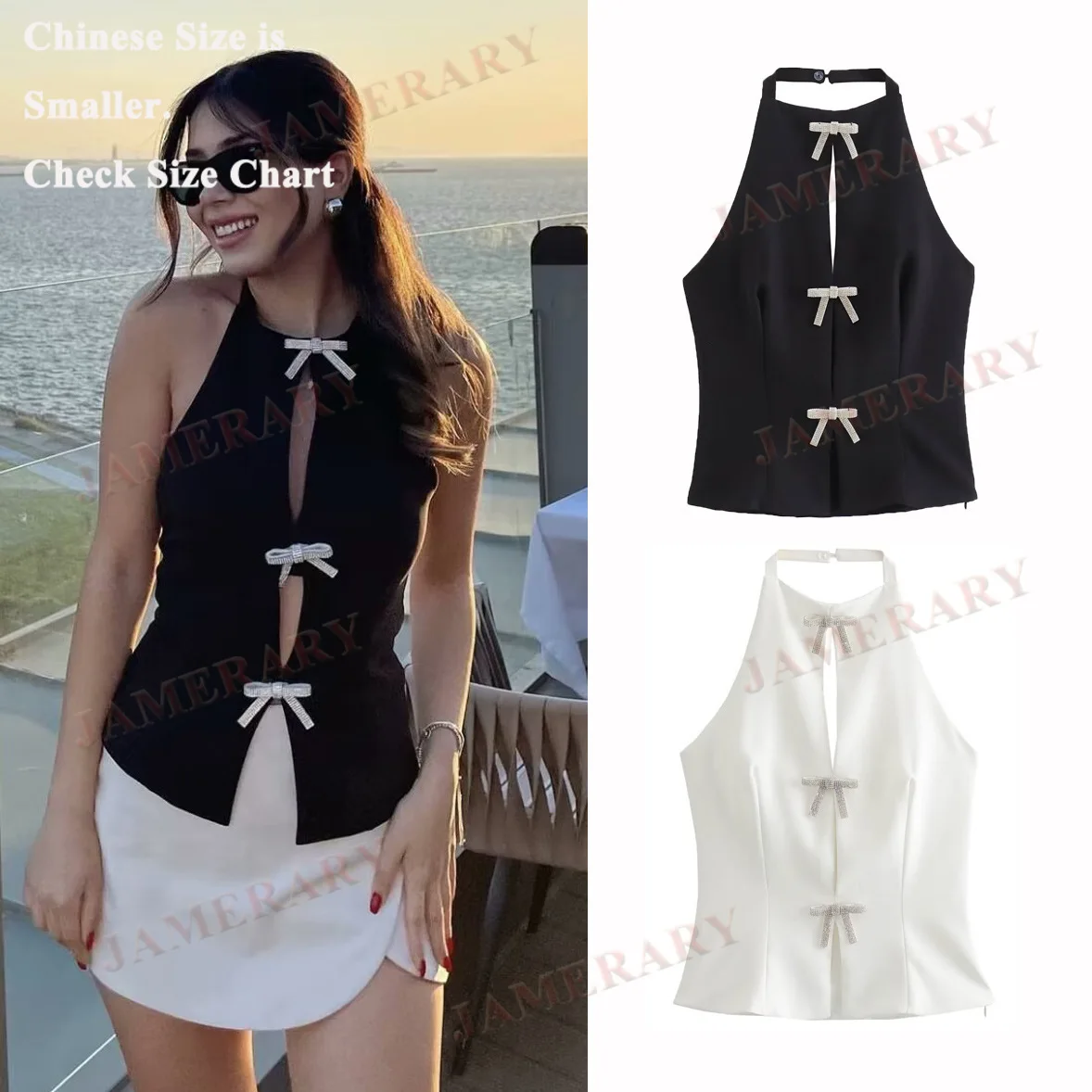 New Summer Elegant Sexy Tops For Women Crystal Bow Hollow Out T-Shirts Diamonds Sleeveless Backless Halter Blouses
New Summer Elegant Sexy Tops For Women Crystal Bow Hollow Out T-Shirts Diamonds Sleeveless Backless Halter Blouses