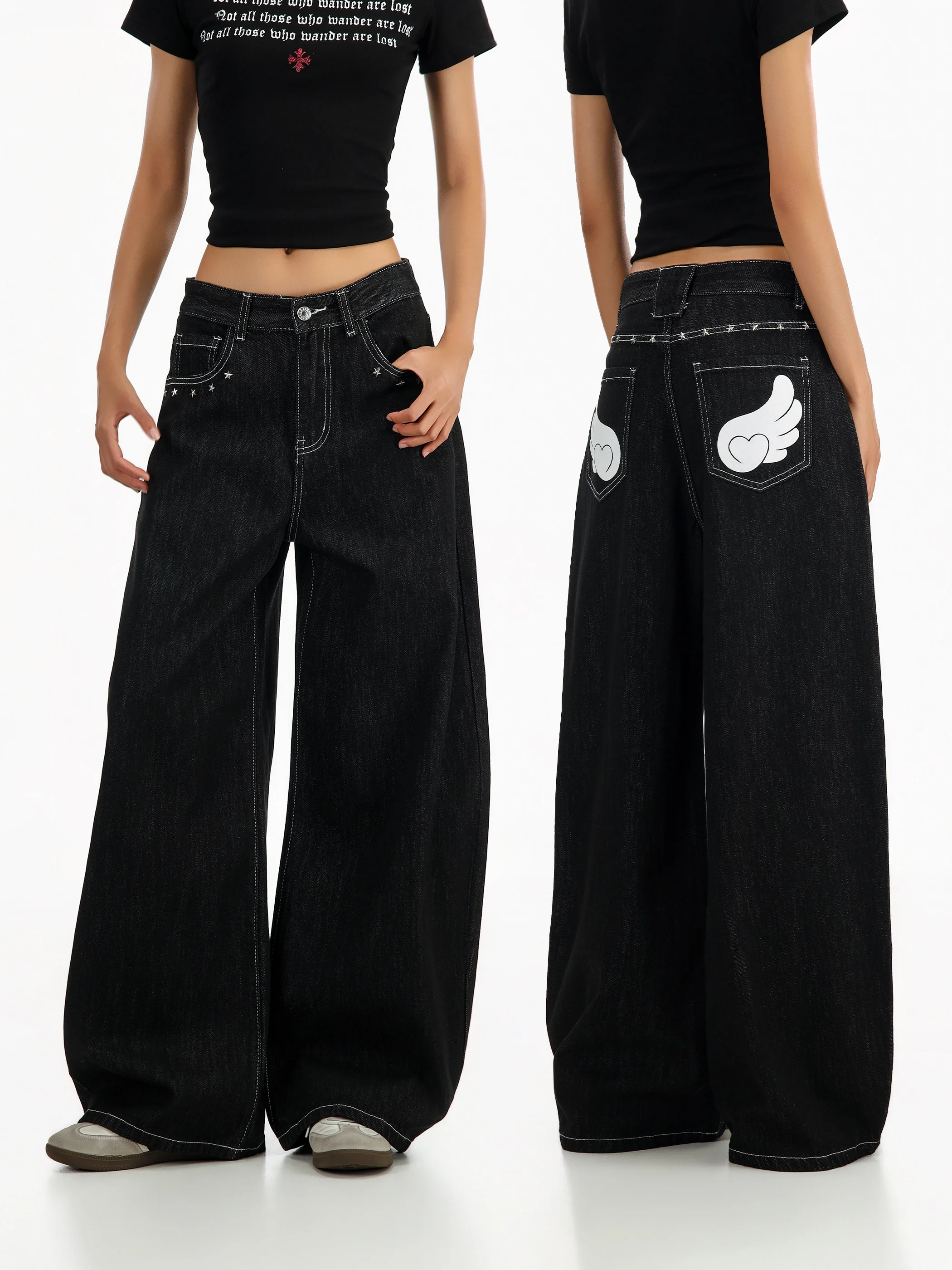 Black Denim Pants Women's Heart Wings American Spicy Girl Design Sense Long Pants Vintage Style Natural Waist Wide Leg Jeans
Black Denim Pants Women's Heart Wings American Spicy Girl Design Sense Long Pants Vintage Style Natural Waist Wide Leg Jeans