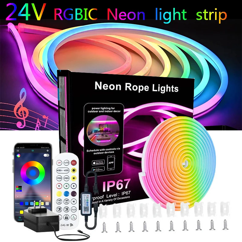Bluetooth RGBIC Neon LED Strip Lights 24V Silicone Neon Rope Light with Music Sync Dreamcolor Chasing Strip Tape for Room Decor
Bluetooth RGBIC Neon LED Strip Lights 24V Silicone Neon Rope Light with Music Sync Dreamcolor Chasing Strip Tape for Room Decor