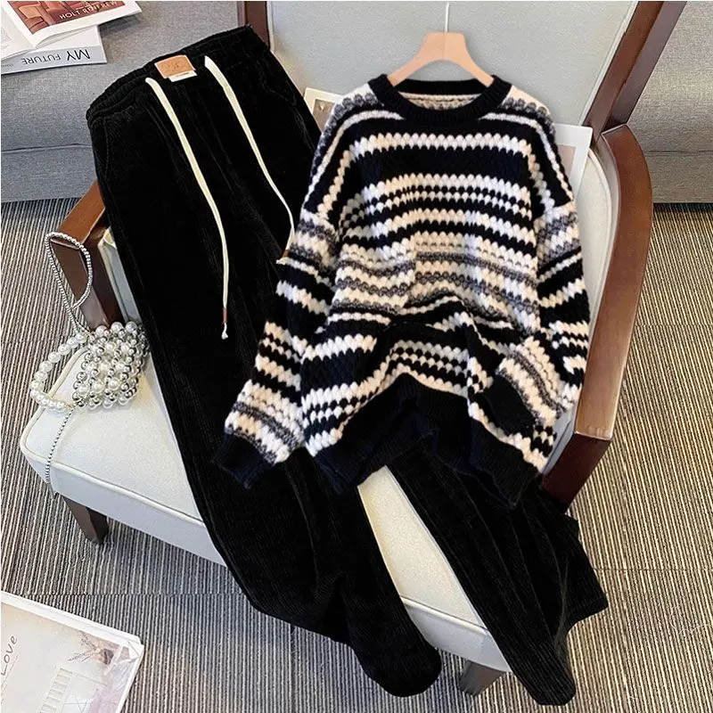 Autumn/Winter Outfits 2023 New Fashion Lazy Knitted Stripe Pullover Sweater High Waist Wide Leg Pants Two Piece Set For Women
Autumn/Winter Outfits 2023 New Fashion Lazy Knitted Stripe Pullover Sweater High Waist Wide Leg Pants Two Piece Set For Women