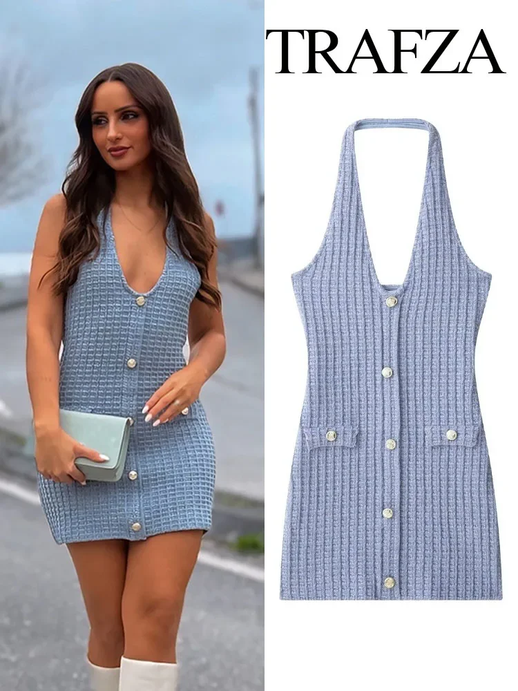 TRAFZA Women's Summer Fashion Single Breasted Halter Neck Collar Short Sleeveless Dress Female Elegant Backless Sexy Slim Dress
TRAFZA Women's Summer Fashion Single Breasted Halter Neck Collar Short Sleeveless Dress Female Elegant Backless Sexy Slim Dress