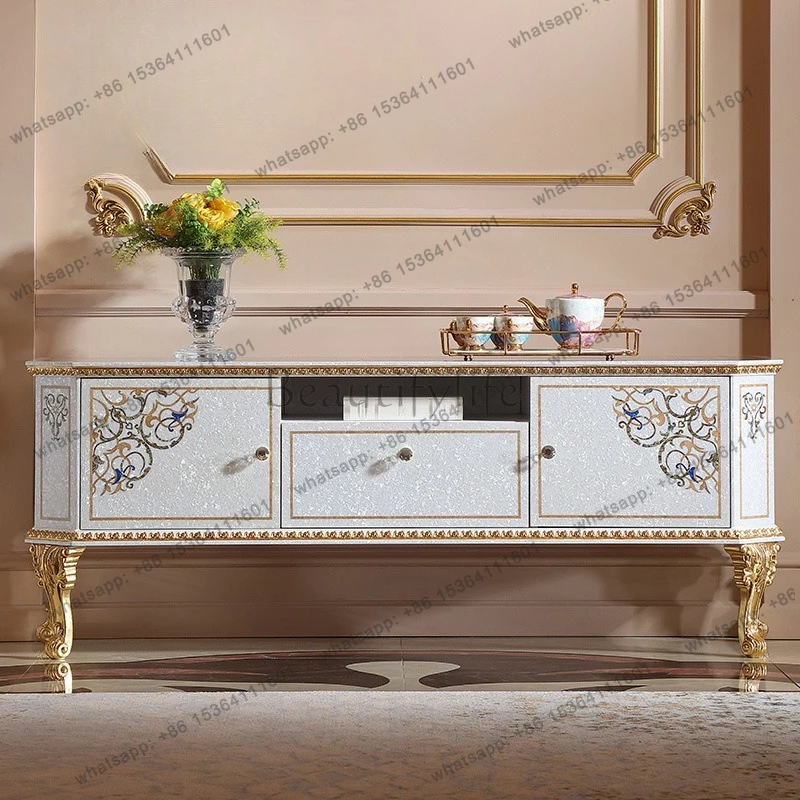 Shell inlaid Italian luxury solid wood audio-visual villa palace French classical gold foil TV cabinet
Shell inlaid Italian luxury solid wood audio-visual villa palace French classical gold foil TV cabinet