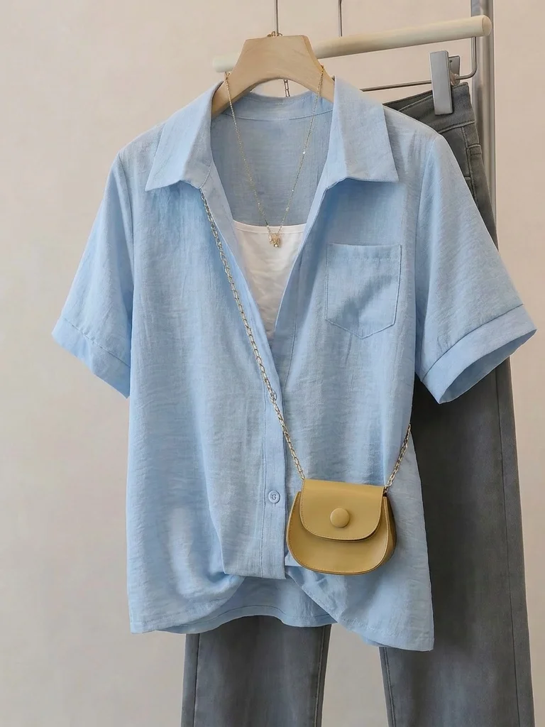 Light Blue V-Neck Short Sleeve Shirt Women's plus Size Summer New Style Irregular Top Korean Style Loose Fit Commute Wind
Light Blue V-Neck Short Sleeve Shirt Women's plus Size Summer New Style Irregular Top Korean Style Loose Fit Commute Wind