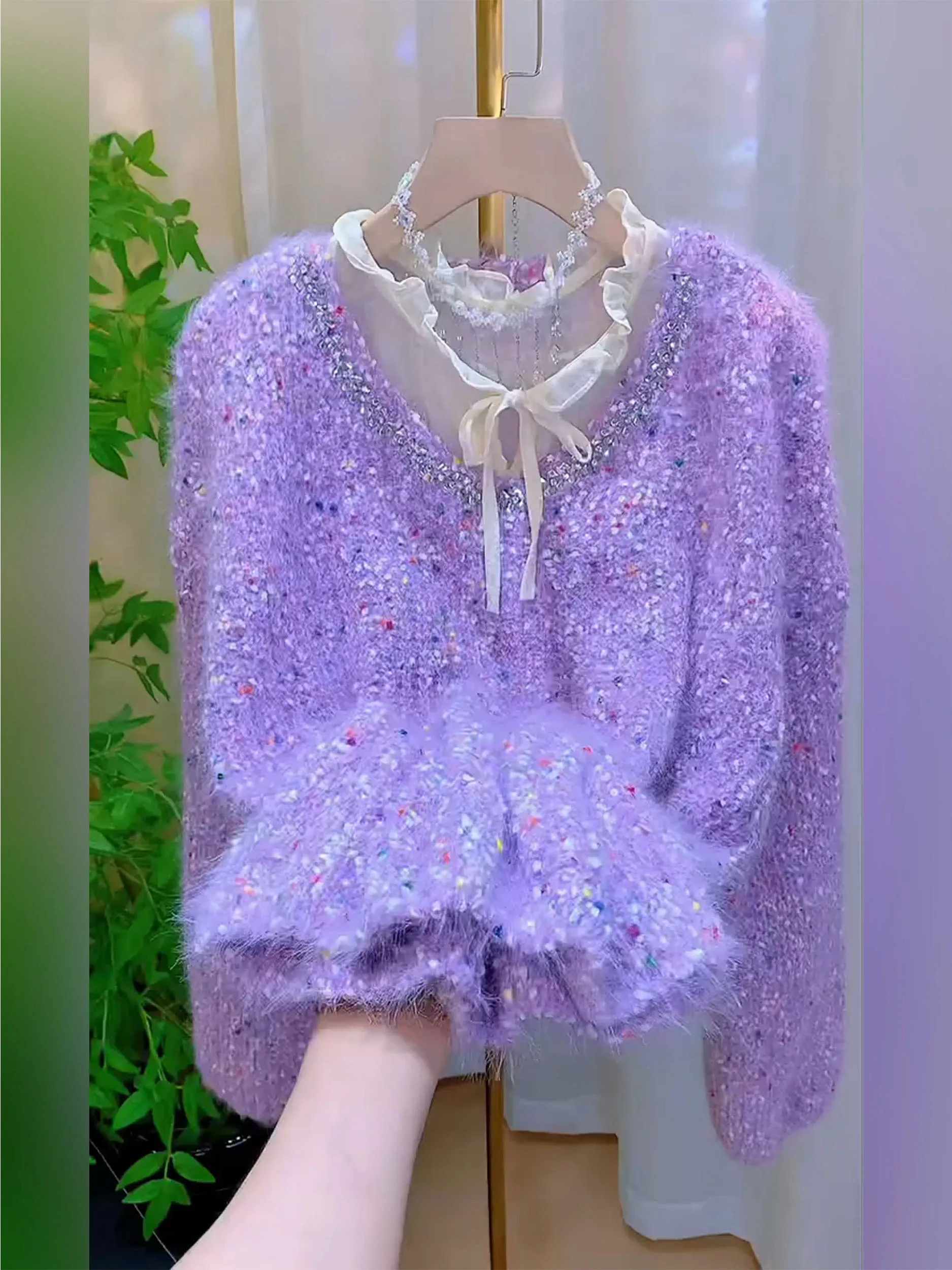 Soft Long Sve Women's Sweater Purple Korean Version Beaded Polka Dot Autumn Winter New Lazy Faion Versatile Top
Soft Long Sve Women's Sweater Purple Korean Version Beaded Polka Dot Autumn Winter New Lazy Faion Versatile Top