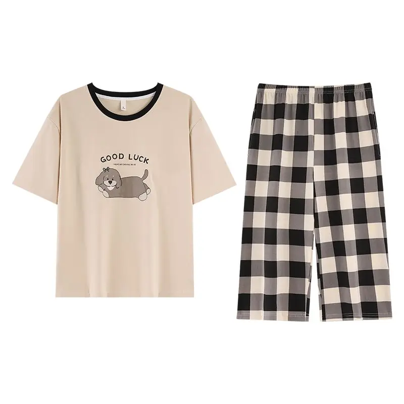 Летний пижамный комплект 2026 года из 100% хлопка с коротким рукавом и длиной до икр для женщин, корейский повседневный клетчатый комплект для сна и дома
Летний пижамный комплект 2026 года из 100% хлопка с коротким рукавом и длиной до икр для женщин, корейский повседневный клетчатый комплект для сна и дома