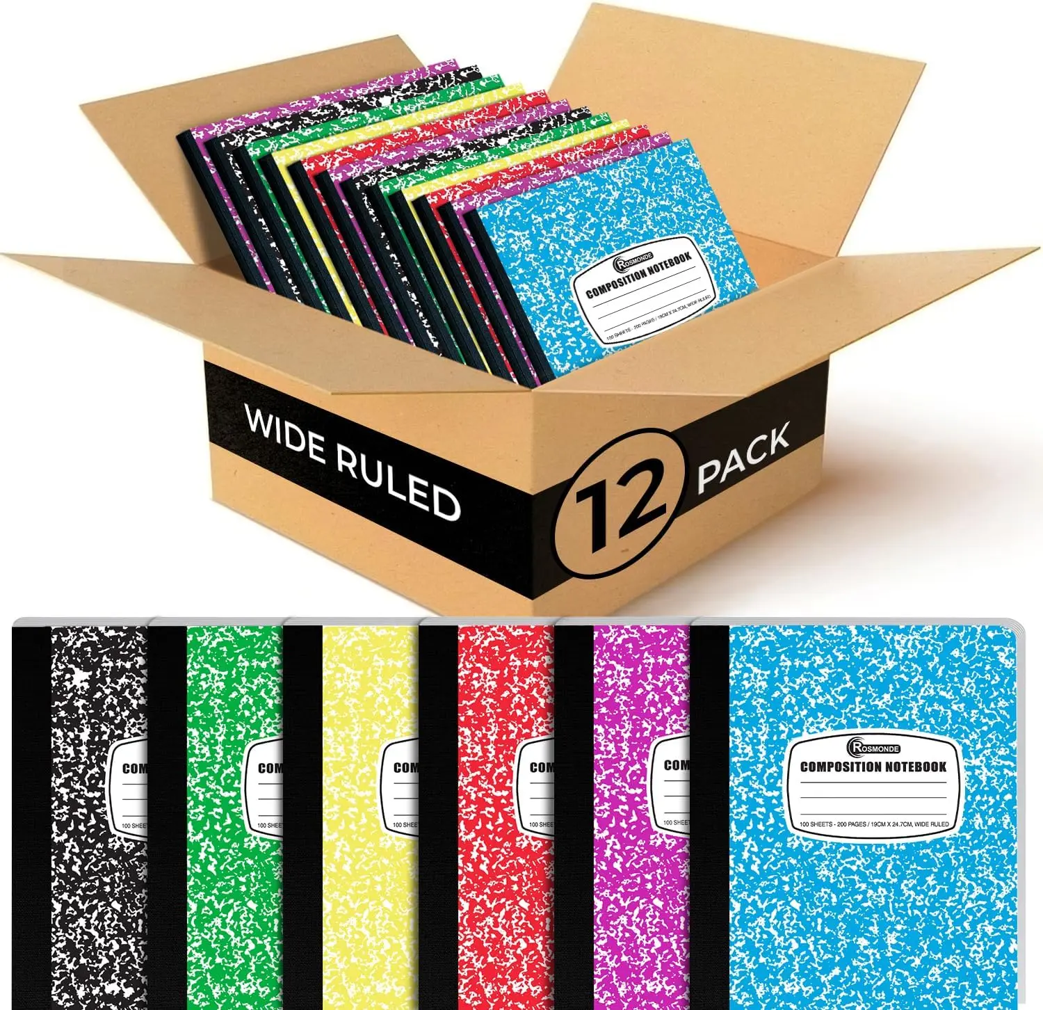 12 Pack Bulk Composition Notebook Wide Ruled, 200 Pages, 9-3/4 x 7-1/2", Hard Cover Assorted Colors for School
12 Pack Bulk Composition Notebook Wide Ruled, 200 Pages, 9-3/4 x 7-1/2", Hard Cover Assorted Colors for School