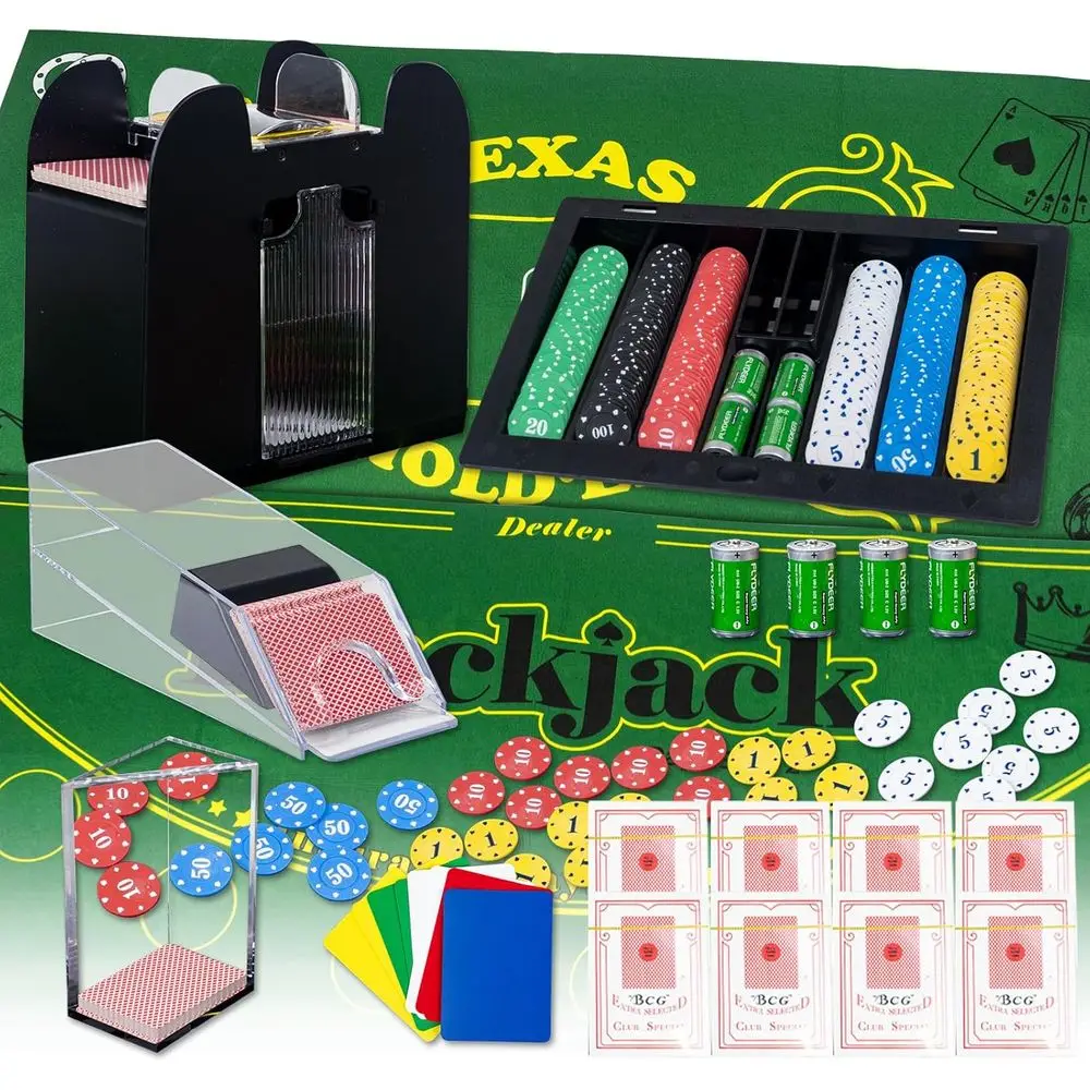 Casino Table Game Set,Blackjack/Texas Hold'em/Poker Set with Card Shoe,Discard Tray, Automatic Shuler,Chip Rake,360Chips,8 Deck
Casino Table Game Set,Blackjack/Texas Hold'em/Poker Set with Card Shoe,Discard Tray, Automatic Shuler,Chip Rake,360Chips,8 Deck