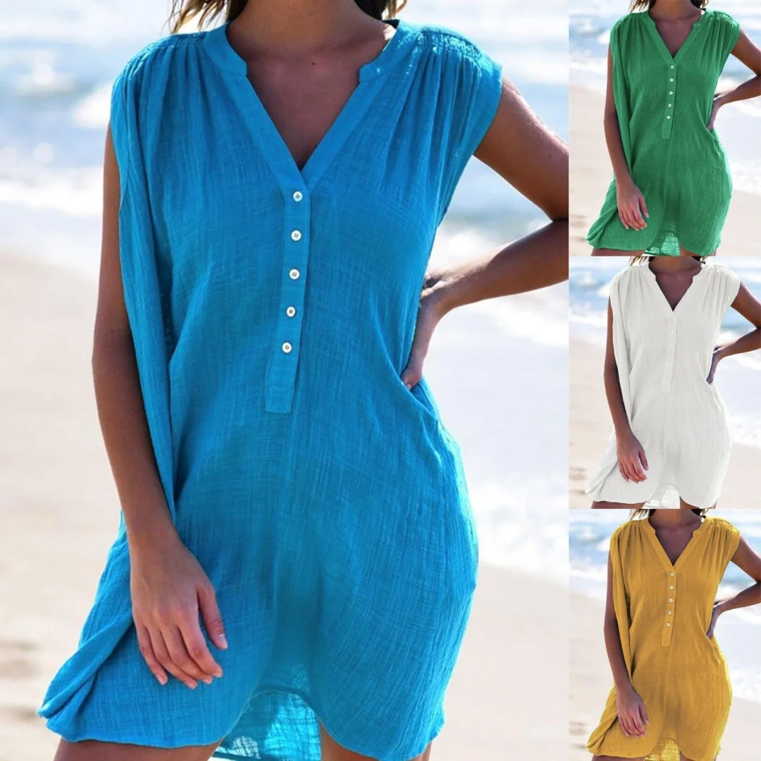 Solid-Color Women's Dresses Fashionable Elegant Button V-Neck Ladies Short Sleeved Casual Sleeveless Beach Clothes Dress
Solid-Color Women's Dresses Fashionable Elegant Button V-Neck Ladies Short Sleeved Casual Sleeveless Beach Clothes Dress